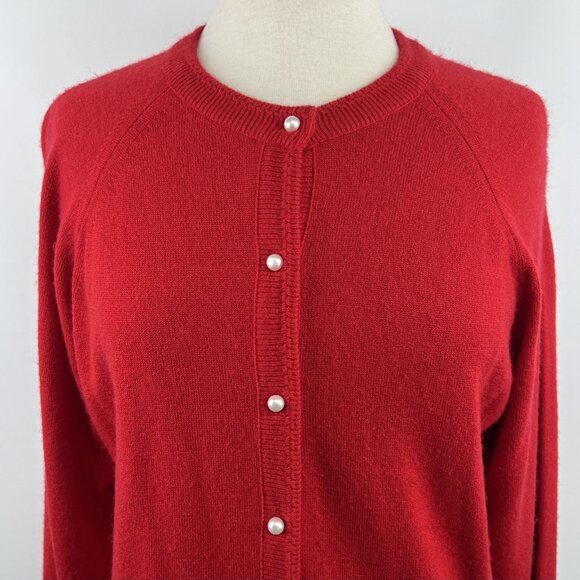 Vtg Designers Originals Sz L Red Cardigan Pearl Look Buttons Luxelon USA Made - Picture 2 of 7